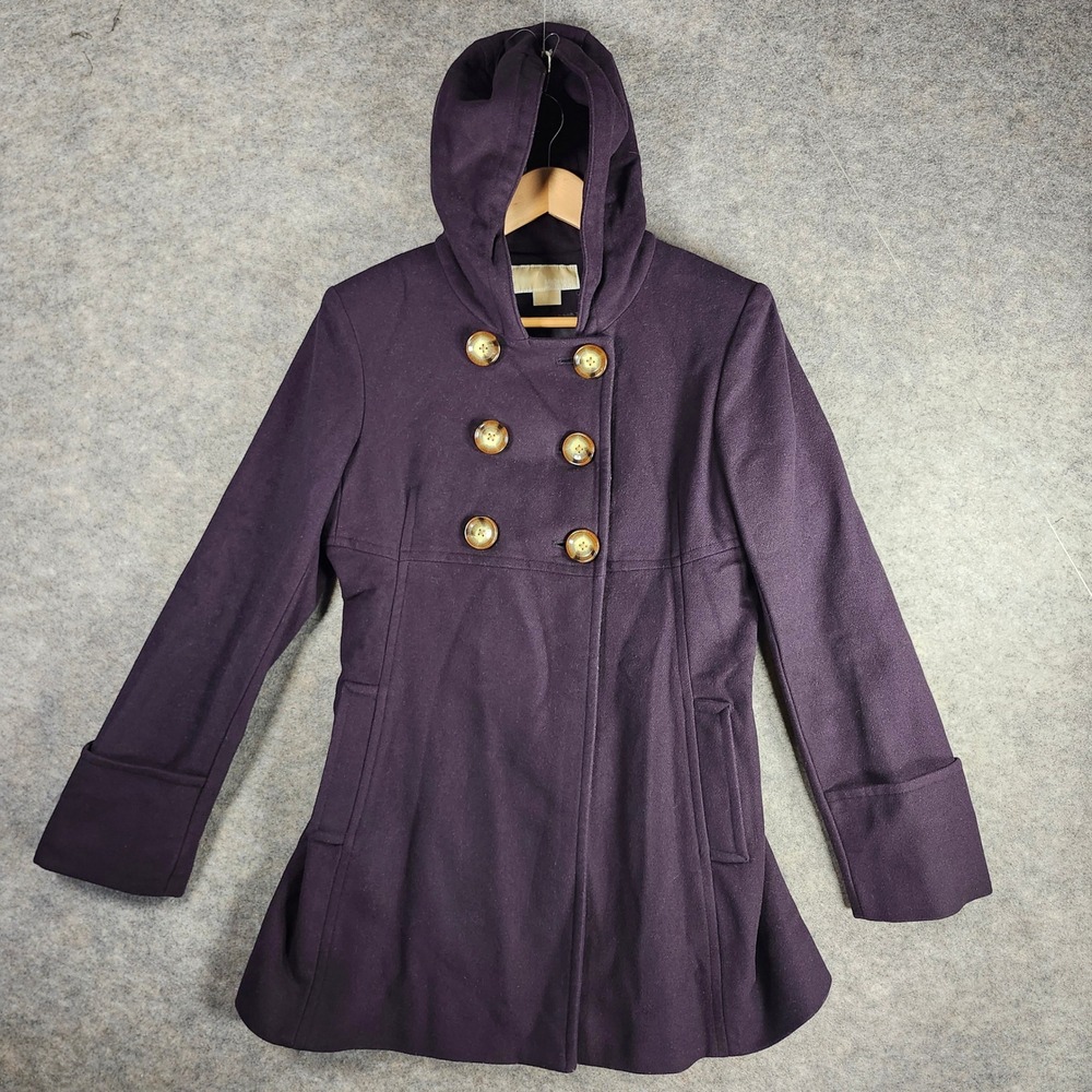 Michael Kors Purple Double Breasted Hooded Wool Blend Coat Women 10 Designer
